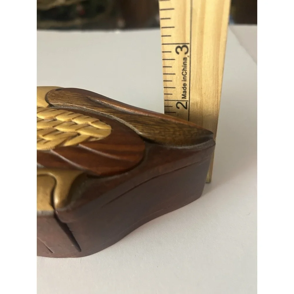Carved Intarsia Inlaid Tropical Wood Pelican Puzzle Trinket Box Coastal Beachy